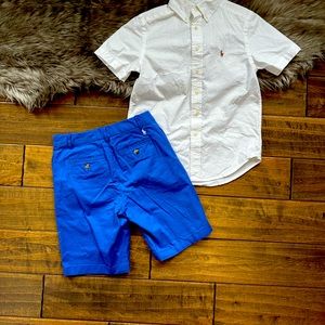 Boys’ Polo Ralph Lauren white button-up shirt (size 8) and shorts (size 10).